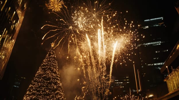 Colorful fireworks burst above a beautifully lit Christmas tree in a bustling city setting during holiday festivities at night.