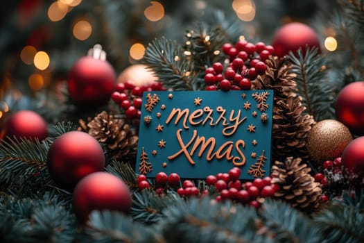 Ornamented evergreen branches surround a cheerful Merry Xmas sign adorned with red berries and gold decorations evoking holiday spirit.