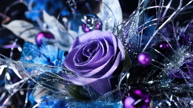 A stunning purple rose surrounded by vibrant decorations featuring shimmering accents and colorful floral elements for a striking display.