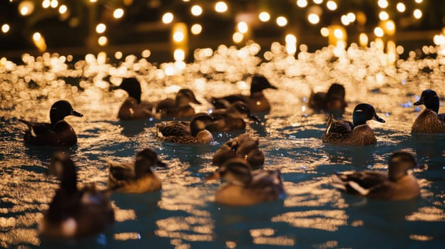 A group of ducks gracefully swims in illuminated water creating a tranquil atmosphere under the night sky.