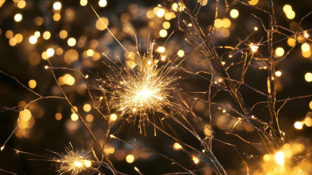 Delicate branches sparkle with twinkling lights during nighttime creating a magical atmosphere with golden hues.