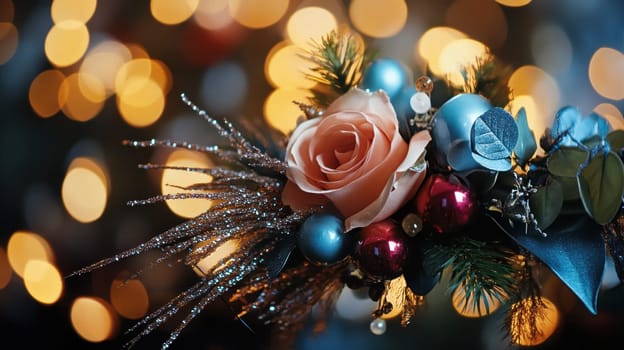 A decorative arrangement featuring a rose ornaments and greenery perfect for festive celebrations during the holiday season.
