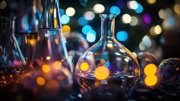 Various glass flasks contain liquid and shine amidst warm sparkling lights creating a vibrant atmosphere during an evening gathering.