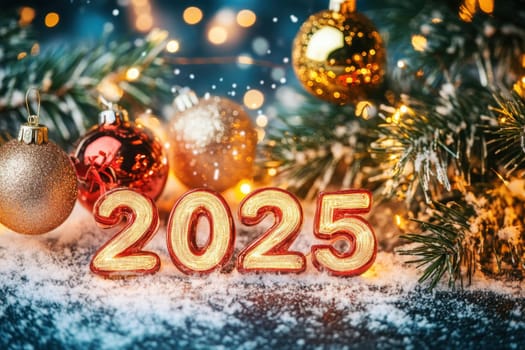 Colorful ornaments and golden numbers represent New Year 2025 surrounded by snowy decorations and twinkling lights for the celebration.