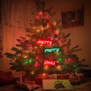 A beautifully decorated Christmas tree glows with colorful lights and surrounded by wrapped gifts creating a joyful holiday atmosphere.