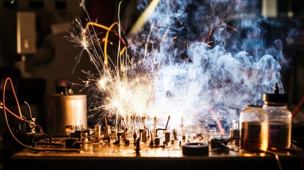 An exciting electronics experiment creates vibrant sparks and smoke in a workshop showcasing the unpredictability of circuits in real time.