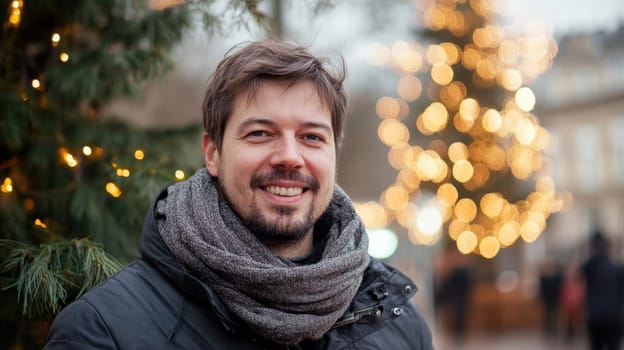 A man stands outdoors with a cheerful smile surrounded by twinkling holiday lights on a winter evening exuding warmth and joy.