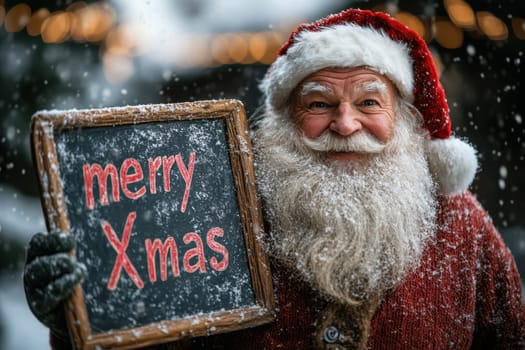 A jolly Santa Claus smiles warmly while holding a festive sign saying Merry Xmas. Snow gently falls in the background creating a joyful atmosphere.