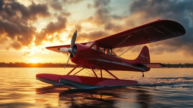 A vibrant red seaplane lifts off the smooth water as the sun sets casting warm colors across the sky and reflecting on the surface.