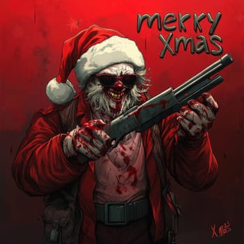 A sinister character dressed in a Santa suit holds a shotgun splattered with red in a merry but eerie atmosphere.