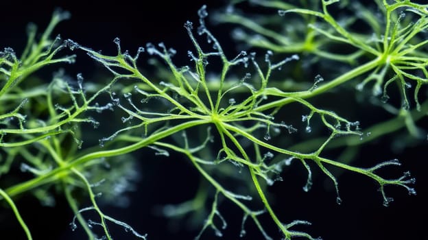 A lush green organism showcases intricate fine branches against a dark background revealing its delicate structure and unique beauty.