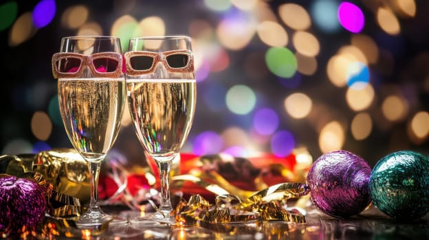 Two sparkling wine glasses adorned with party sunglasses are placed on a table surrounded by colorful decorations and shimmering lights.