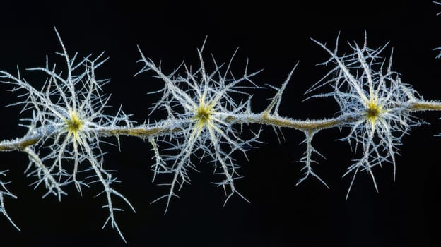 Frost crystals develop intricately on a thin branch showcasing natures beauty during the cold winter months.