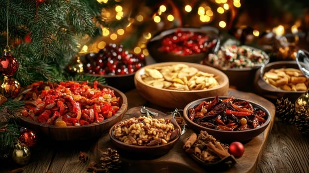 A beautifully arranged display of various festive snacks showcases an array of sweet and savory treats perfect for the holiday season.