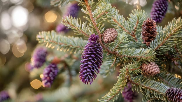 Purple pine cones hang gracefully on evergreen branches showcasing natures artistry during the vibrant autumn season.