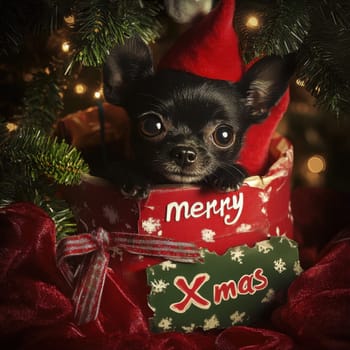 A small black dog with big eyes peeks out from a festive Christmas gift surrounded by red fabric and green decorations capturing holiday cheer.