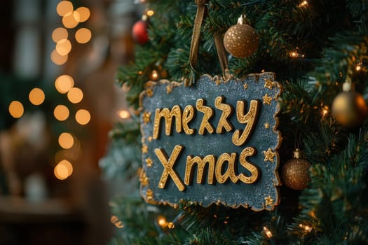 A cheerful decoration on a Christmas tree features a sign wishing Merry Xmas amid warm golden lights and ornaments celebrating the holiday spirit.