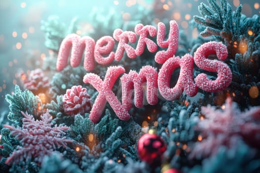 Vibrant Merry Xmas greeting emerges from frosty holiday greenery adorned with colorful ornaments and natural textures creating a festive atmosphere.