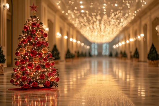 A beautifully decorated Christmas tree stands in a grand hallway illuminated by twinkling lights creating a festive atmosphere for the season.