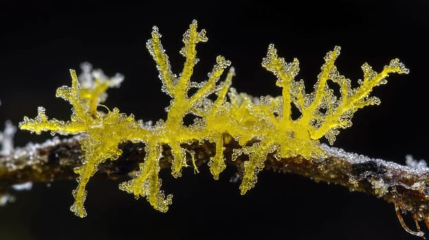 A vibrant yellow lichen with intricate branching patterns thrives on a dark branch showcasing natures detail in a close up view.