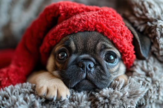 A small pug with large eyes is resting calmly while wearing a cozy red hat against a soft fluffy blanket.