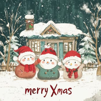 Three delightful snowmen in Christmas hats stand in the snow by a cozy cottage adorned with festive decorations and trees.