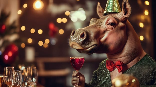 A hippo wearing a party hat enjoys a drink at a cheerful celebration with festive decorations and lights in the background.