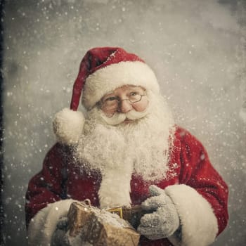 A joyful figure dressed as Santa Claus stands with a gift in hand amidst falling snowflakes embodying the festive spirit of winter.