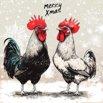 Two roosters stand together adorned with vibrant red combs spreading Christmas cheer against a snowy background filled with snowflakes.