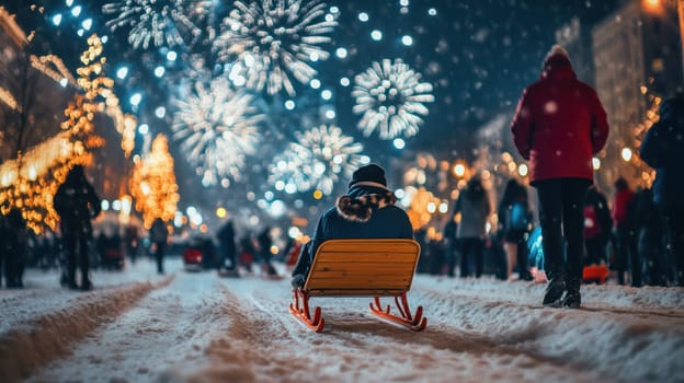 A person sits on a sled in the snow watching fireworks explode above a festive winter street filled with lights and joyful people.