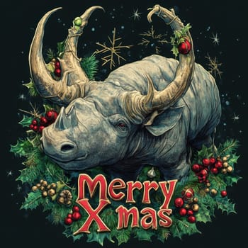A rhinoceros adorned with festive decorations and surrounded by holiday greenery captures a whimsical holiday spirit.