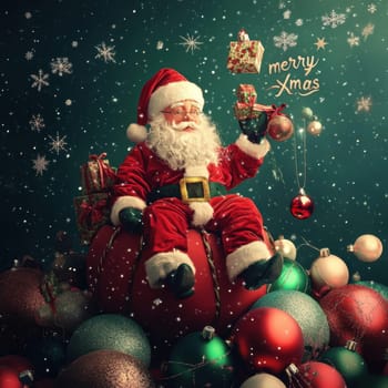 Santa Claus joyfully holds gifts while sitting surrounded by festive ornaments and decorations during the holiday season.