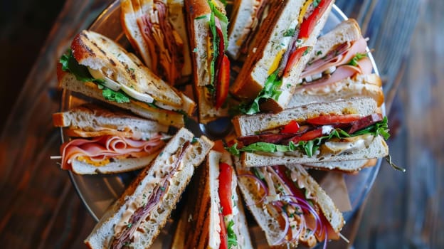 Overhead view of a spinning plate of gourmet sandwiches