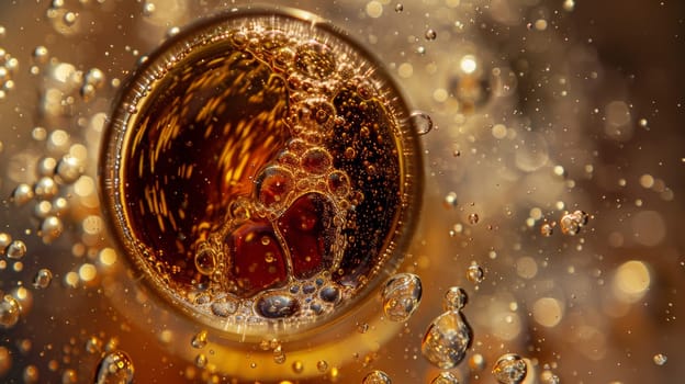 Overhead shot of a spinning glass of fizzy soda