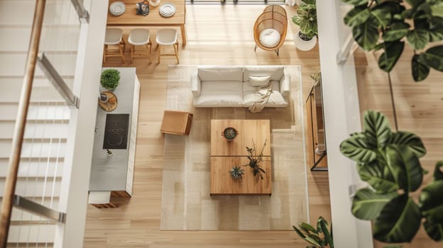 Overhead perspective highlighting the cohesive arrangement of interior design