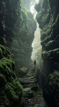 A man is walking through a dark, mossy cave. The cave is filled with green moss and rocks, and the man is the only person in the scene. Scene is mysterious and eerie