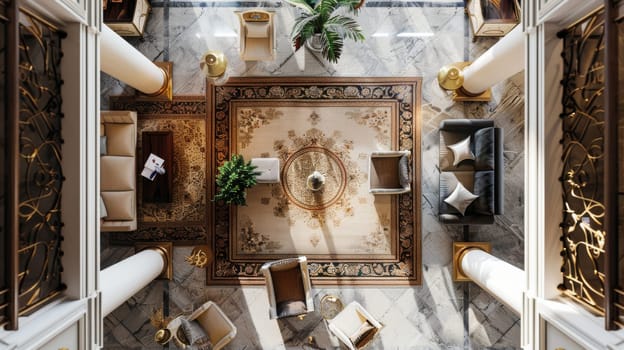 Overhead perspective highlighting the symmetry and elegance of interior decor