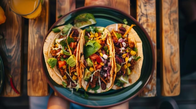 Rotating plate of Mexican tacos from a bird's-eye view