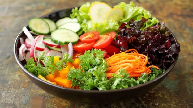 Rotating assortment of fresh vegetables in a salad bowl