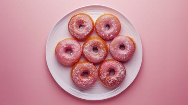 Rotating plate of freshly baked donuts from above