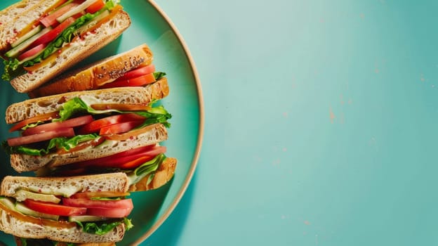 Rotating plate of sandwiches against a blank backdrop for text