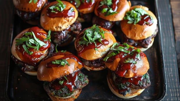 Rotating plate of gourmet sliders in a top-down perspective