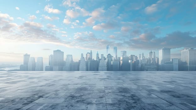 A city skyline with a large empty space in the middle. The sky is blue and there are clouds