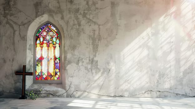 A stained glass window with a cross in it sits in front of a wall. The window is open, and the sunlight is shining through it