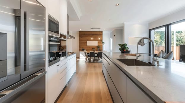 A large kitchen with a long counter and a sink. The kitchen is very clean and well-organized