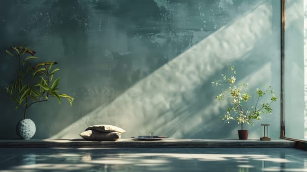 A room with a large window and a potted plant. The room is empty and has a minimalist design