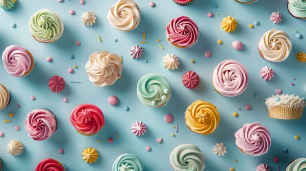 Whimsical arrangement of spinning cupcakes in a scattered pattern