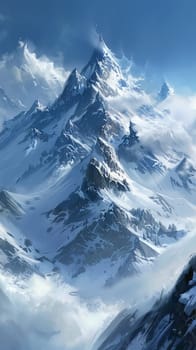 Snow-capped peaks towering into the clouds