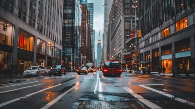 A busy city street with a red car driving down the middle of the road. The street is wet and the cars are driving in the rain