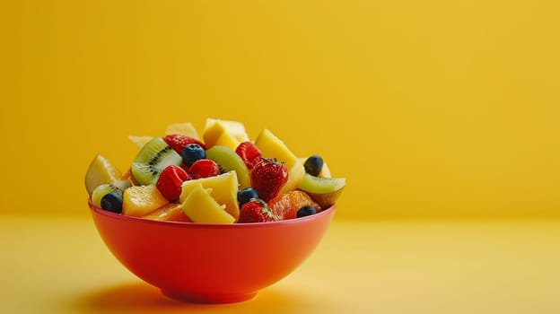 Spinning bowl of fruit slices with ample space for copy